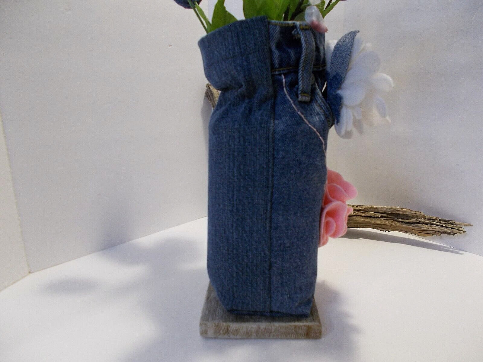 Denim Roses & Flowers in Recycled Denim Jeans Vase and Sm Valentines Hugs Bear