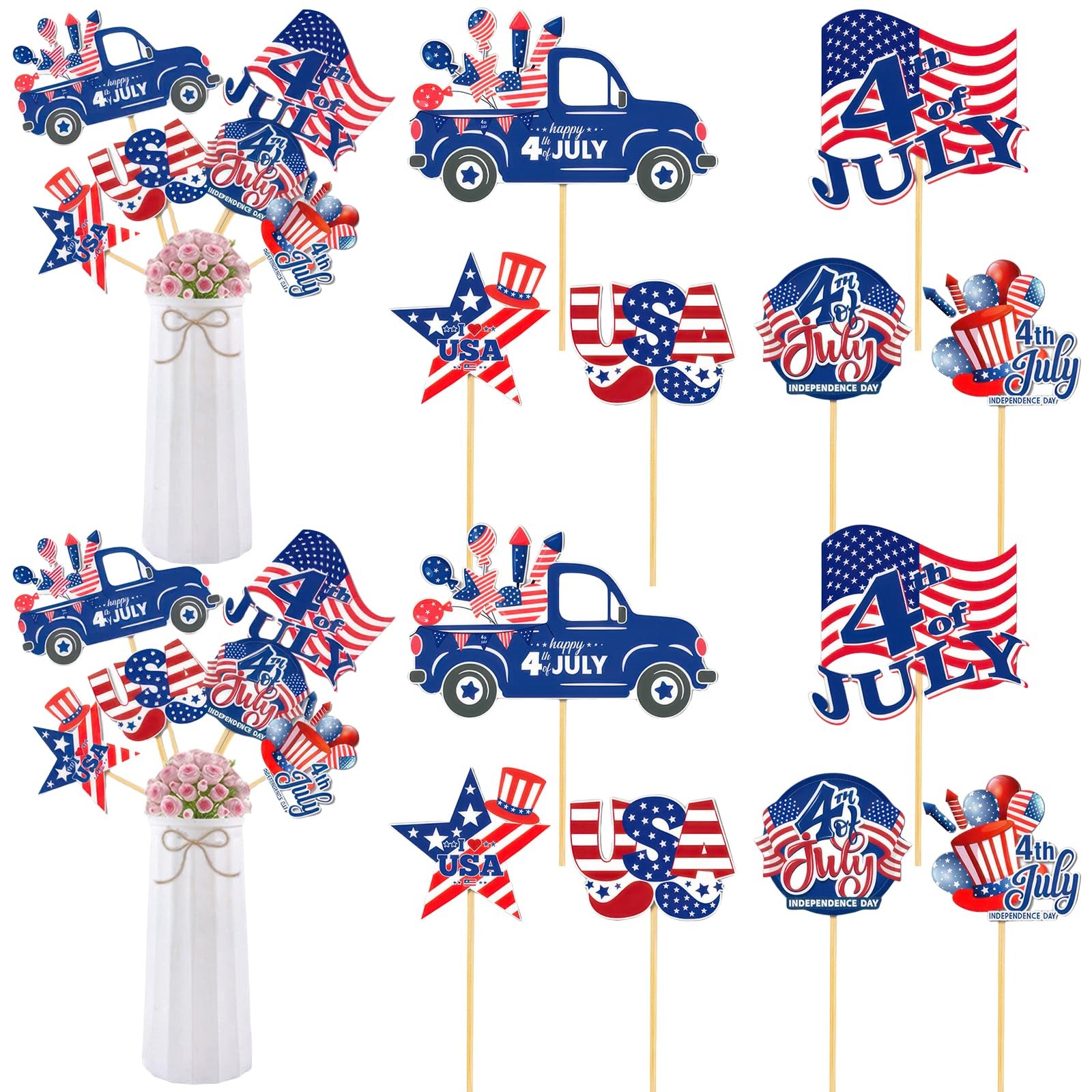 12 Pcs 4th of July Centerpiece Sticks Floral Picks Red White Blue American Flag