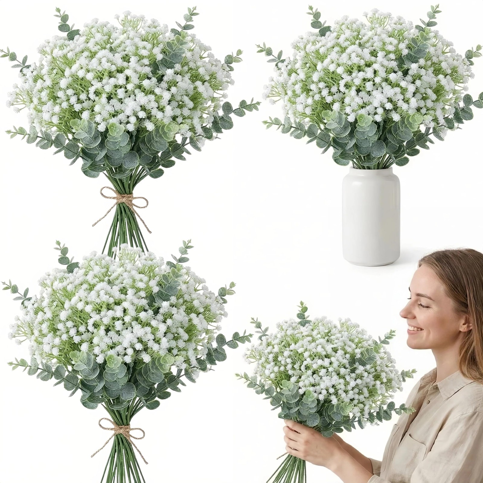 132 Pcs Babys Breath Artificial Flowers with Eucalyptus Stems, Baby Breath Fl…