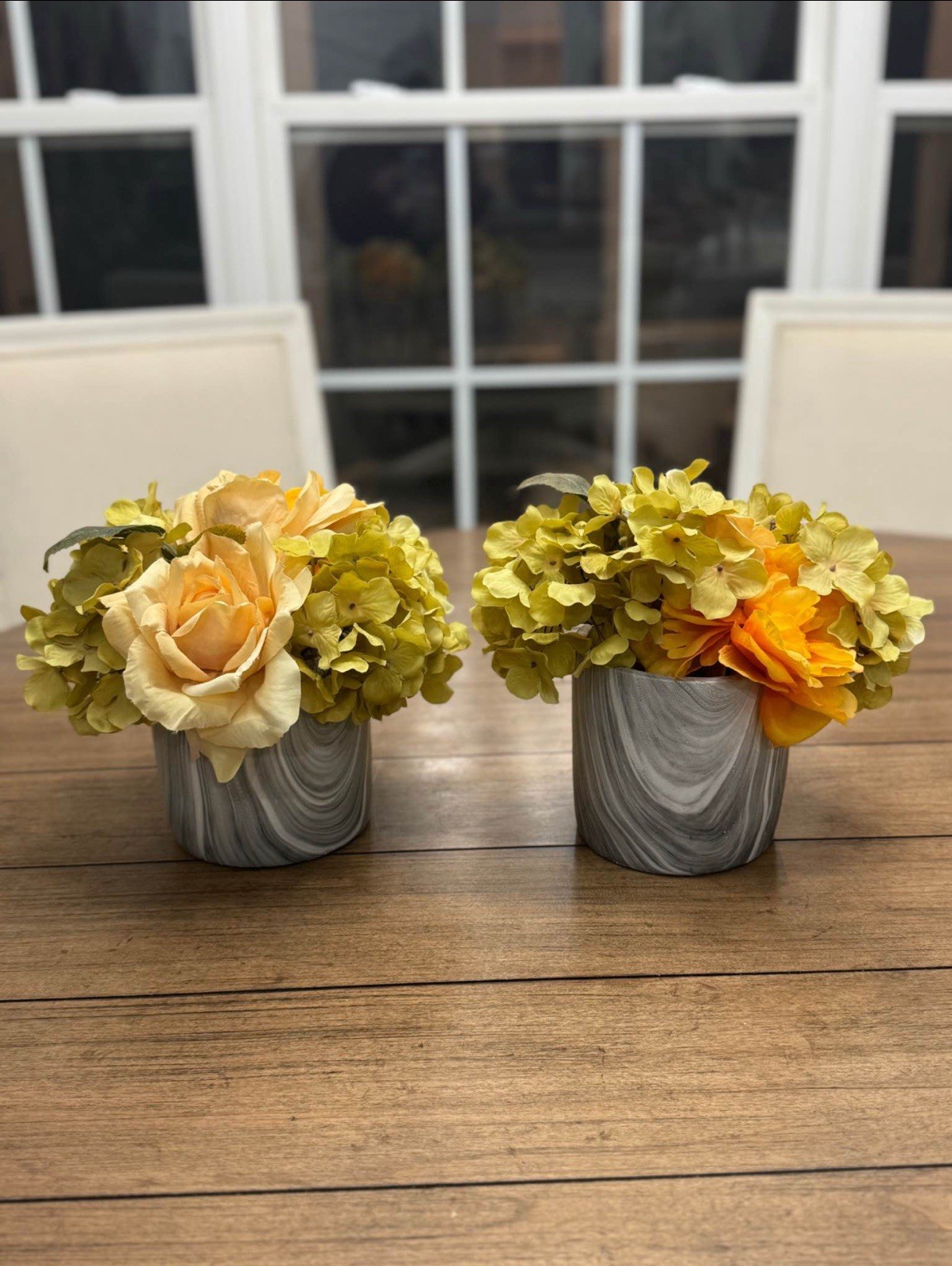 Artificial Rose Hydrangea Arrangements Marble Look Vases Yellow Orange Set of 2