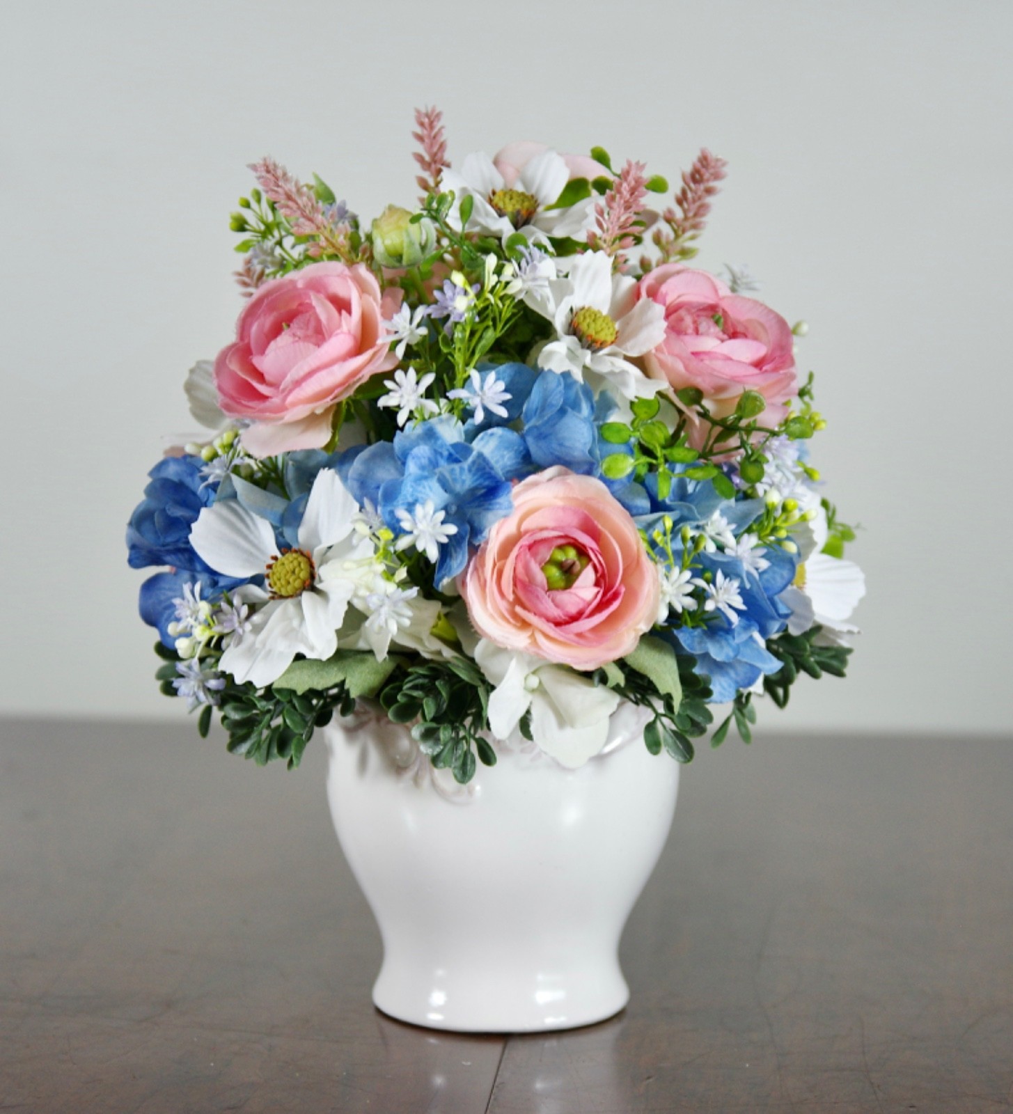 Silk Pink Ranunculus and Blue Hydrangea Arrangement in White Ceramic Bowl