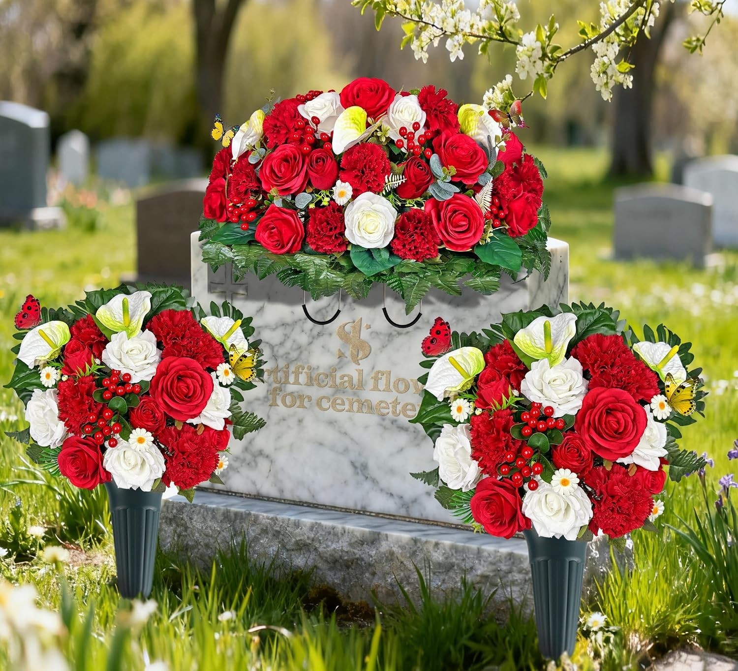 Artificial Cemetery Flower with Vases for Grave Decoration, 3PC,Red Rose Carn…