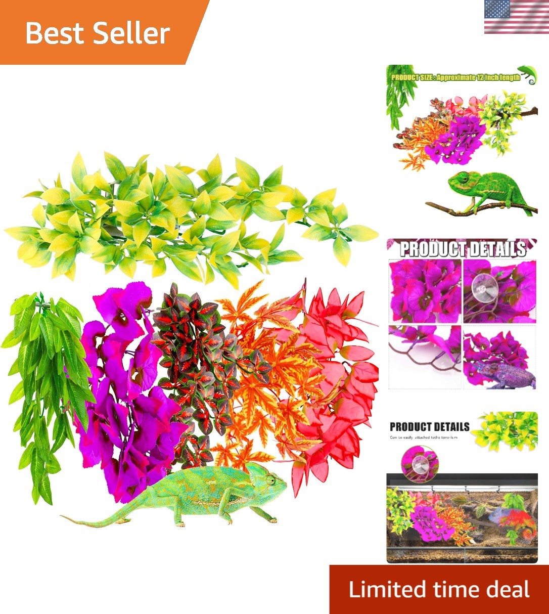 6 Pack of 12-Inch Reptile Habitat Silk Plants with Suction Cups for Easy Setup