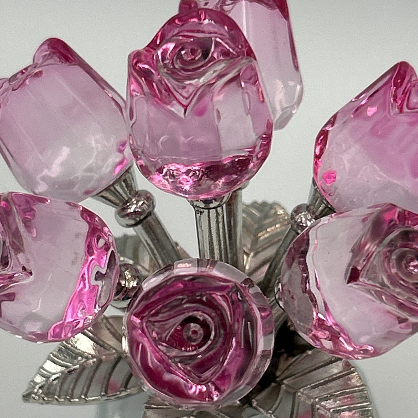 Handmade Crystal Glass Pink Rose Bouquet Flowers Vase Figurine + Gift Bag & Card