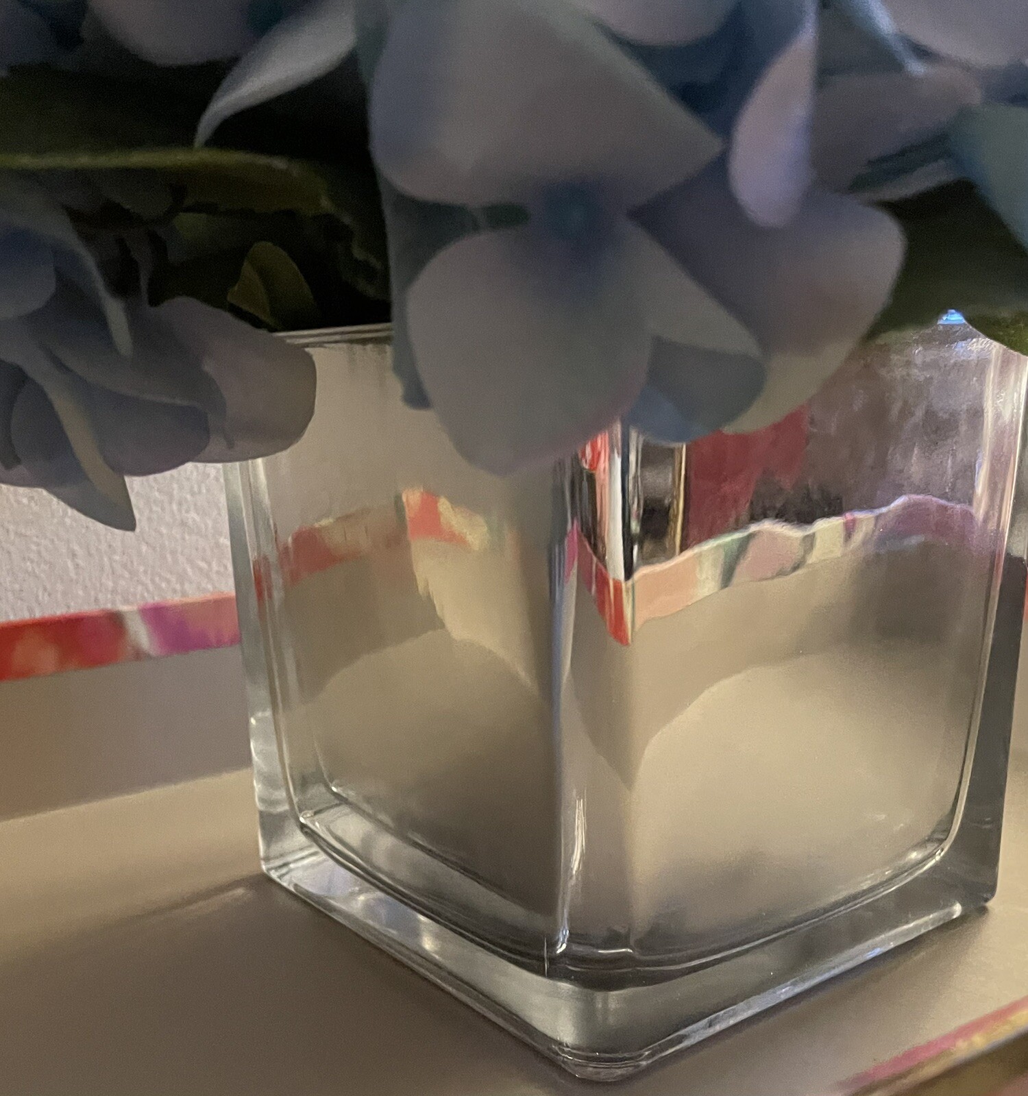 NWOT 10” Faux Blue Hydrangea Arrangement in Silver Mercury Glass Vase Lovely!