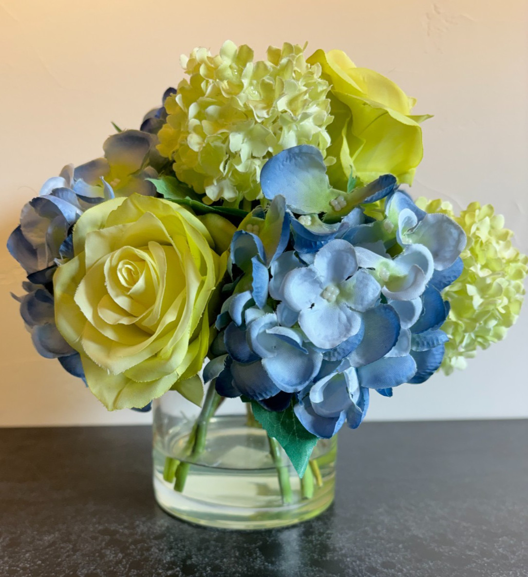 DIANE JAMES DESIGNS White Roses, Blue Hydrangea & Viburnum in Glass Vase, 8″