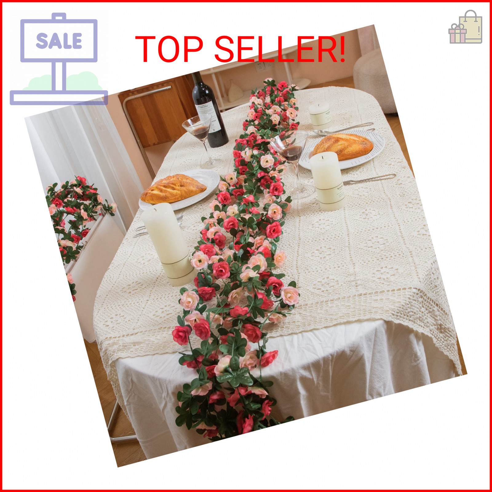 MARTINE MALL Flower Garland Rose Vines, 2 Strands 16.5Ft Flower Vines for Bedroo