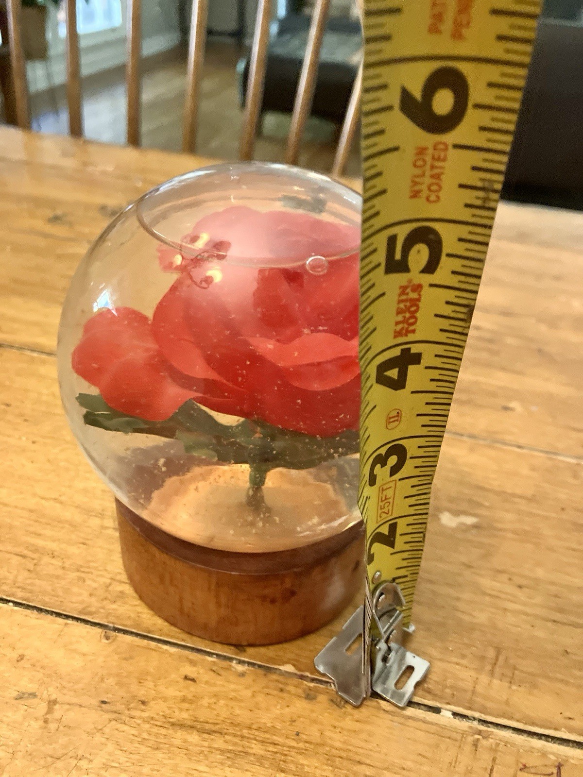 Vintage Preserved Faux Red Flower Rose in Glass Water Dome Globe Wood Pedestal