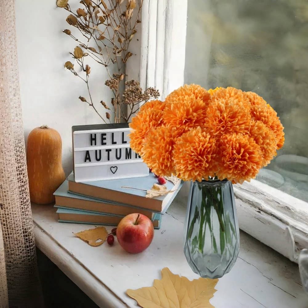 12 PCS Orange Artificial Silk Chrysanthemum Mums Fake Ball Flowers Decor