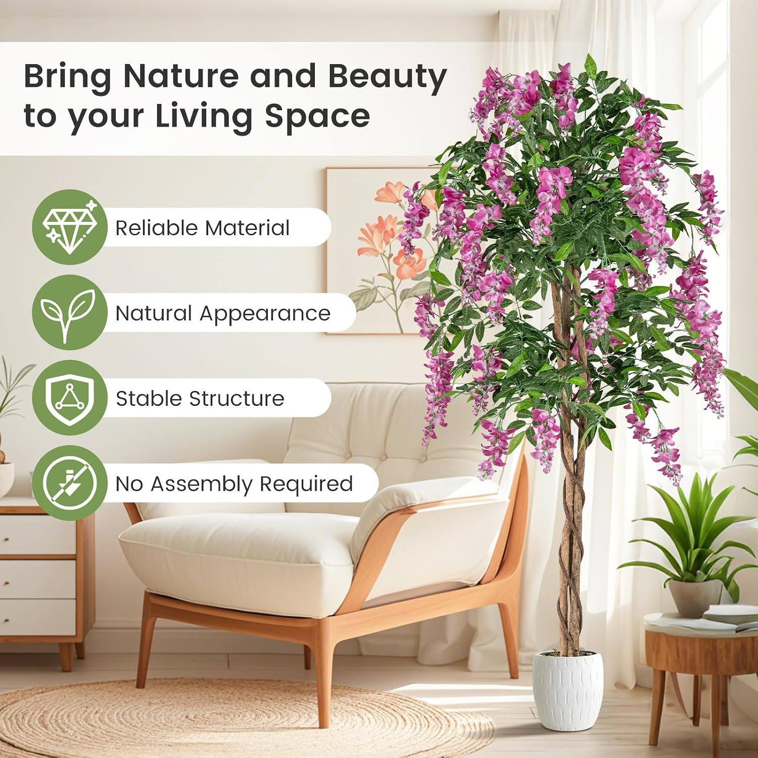 5.5FT Fake Wisteria Plant, Tall Artificial Tree in Nursery Pot with Rosy Flowers