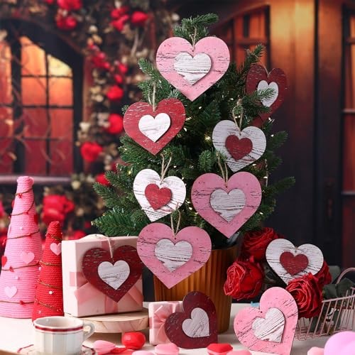 24 Pcs Valentines Day Tree Decorations 3D Vintage Red Pink White Wood Heart