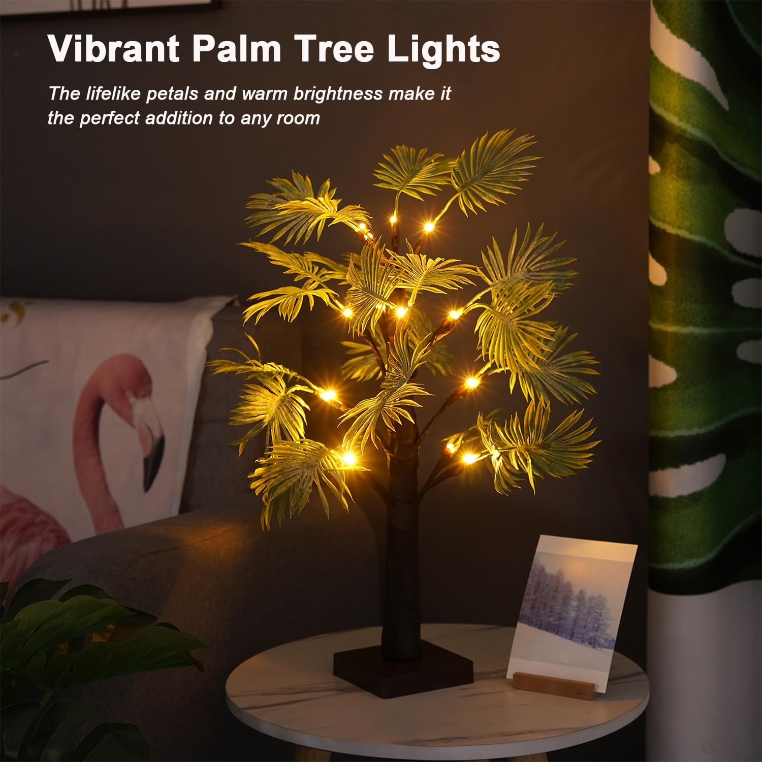 Lighted Trees for Indoor Decor, 24”2FT Lighted Palm Tree with LED Lights, Lighte