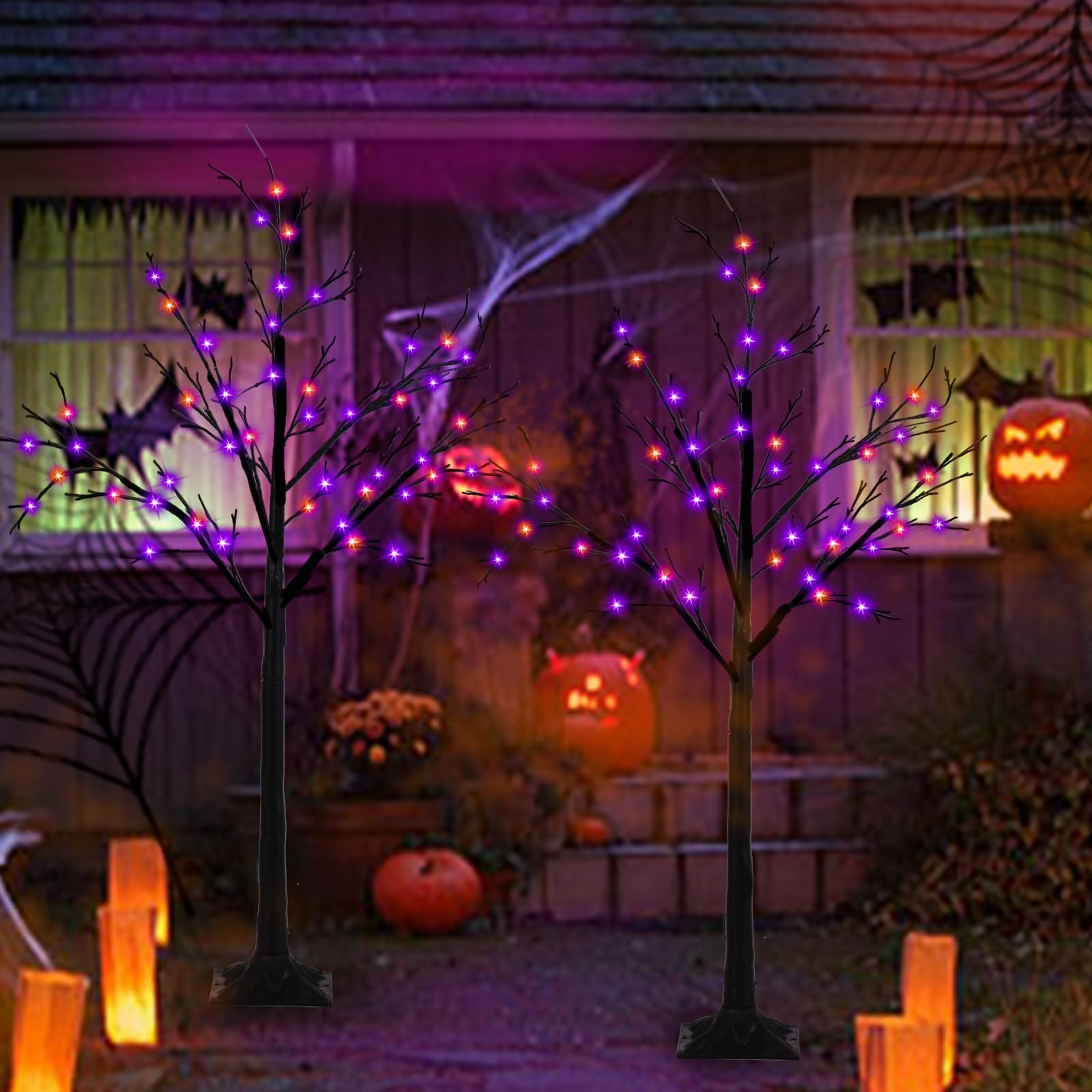 2-Pack 4FT Lighted Black Halloween Tree with 96 LED Orange & Purple Lights (H…