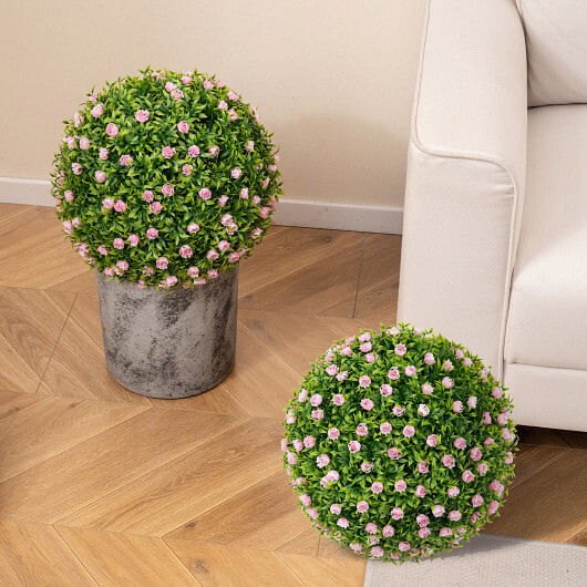 2 PCS Artificial Plant Topiary Balls 17.5 Inch Faux Decorative Balls with Pink F