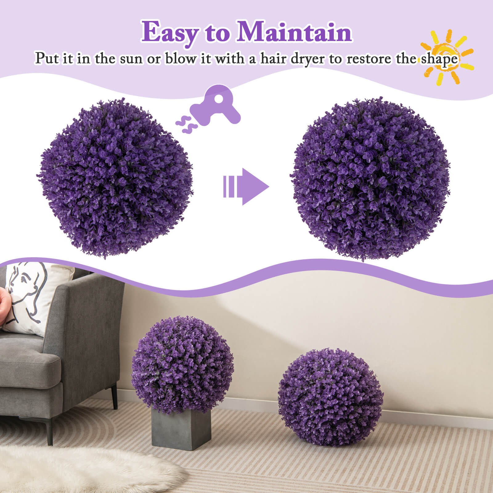 2 PCS Artificial Plant Topiary Balls w/7 Layers Leaves UV Protected for Garden