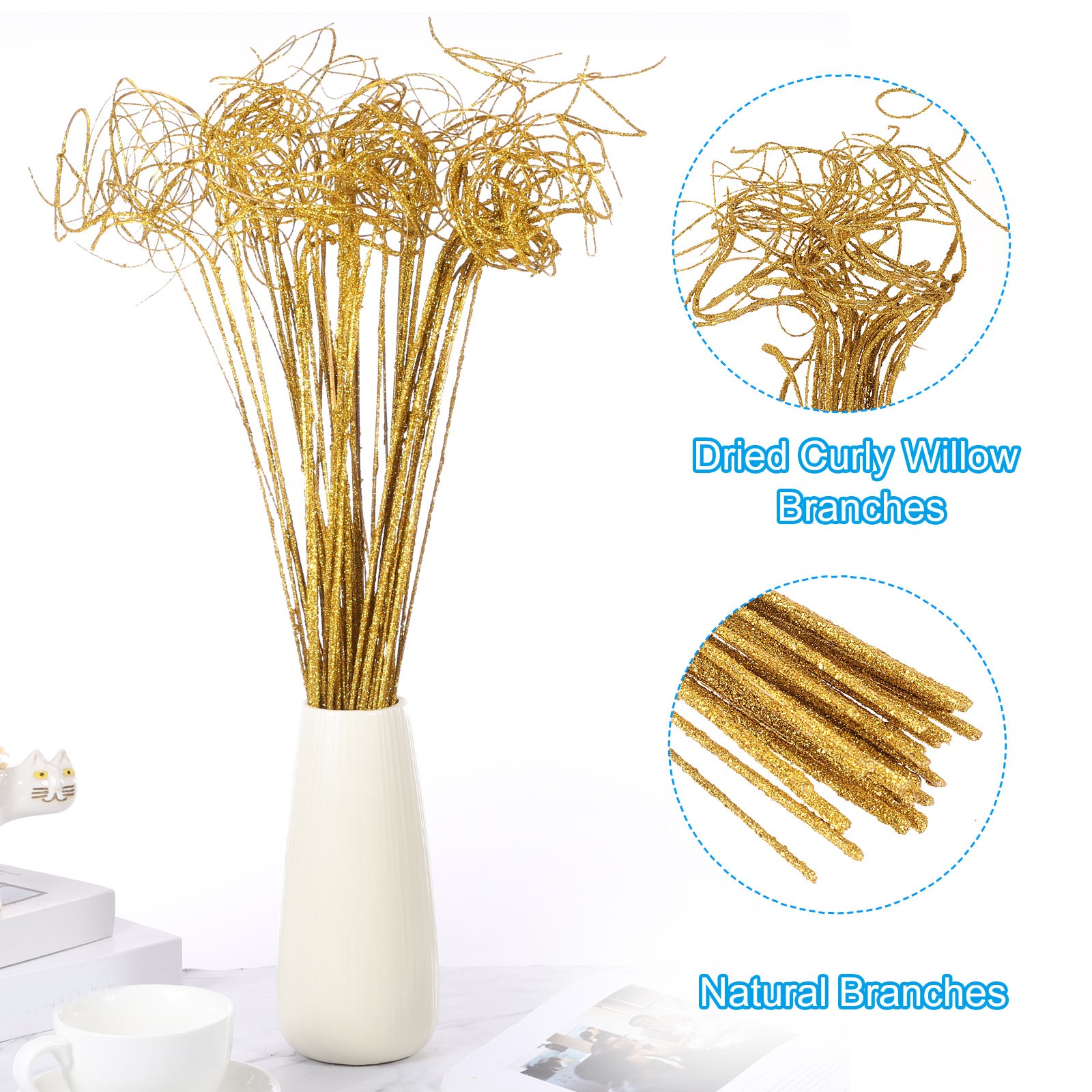 60 Pcs Glitter Dried Curly Willow Branches Natural Branches Twigs, Gold