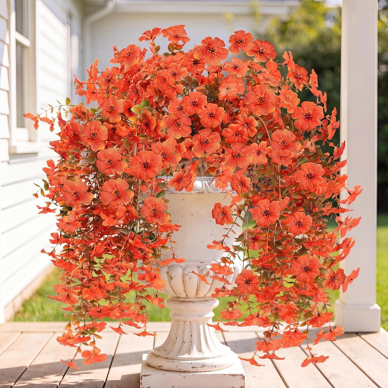 Flores Artificiales Otono 2Piezas Colgantes Exterior Resistentes UV Naranja Rojo