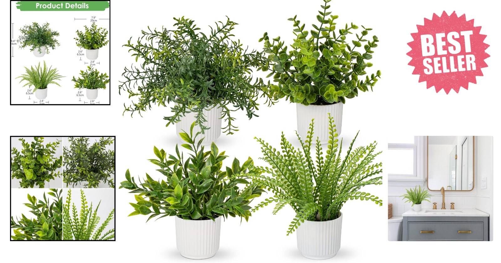 4 Pack Faux Plants: Eucalyptus, Rosemary & Fern for Elegant Indoor Decor