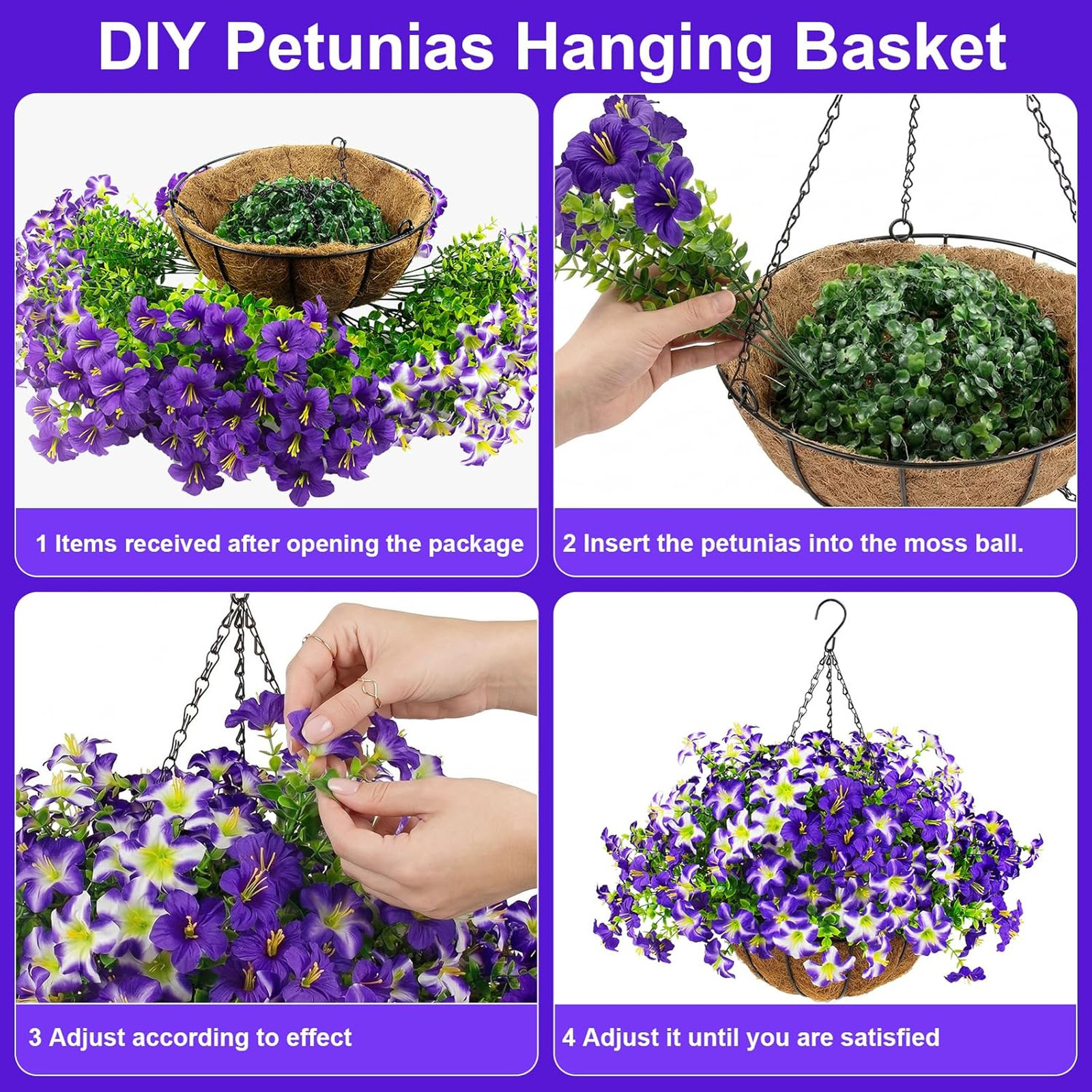 Artificial Petunias Flowers Set with Hanging Baskets UV Resistant Faux Purple