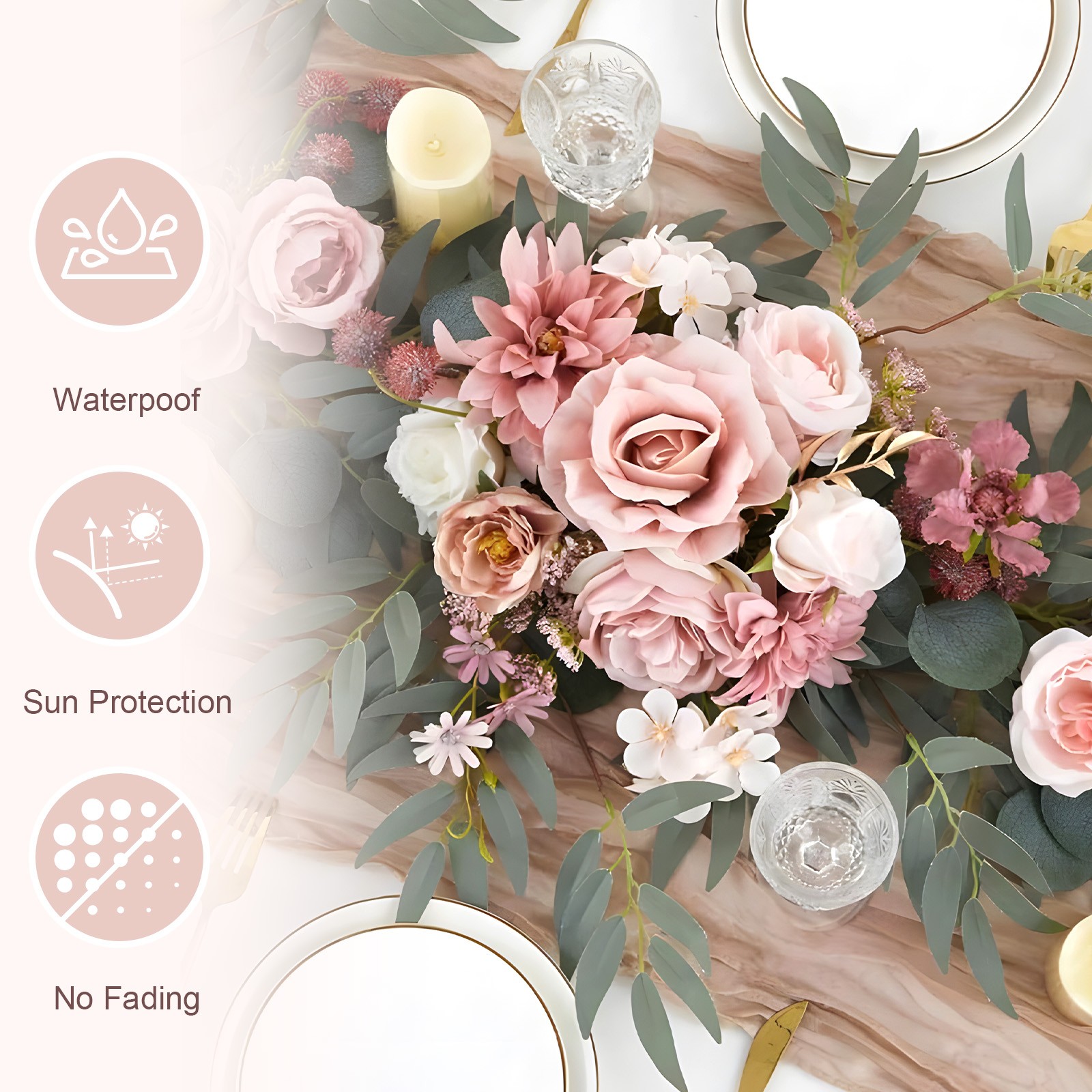 2PCS Fake Silk Rose Garland Real Touch Hanging Vine for Wedding Table Arch Decor