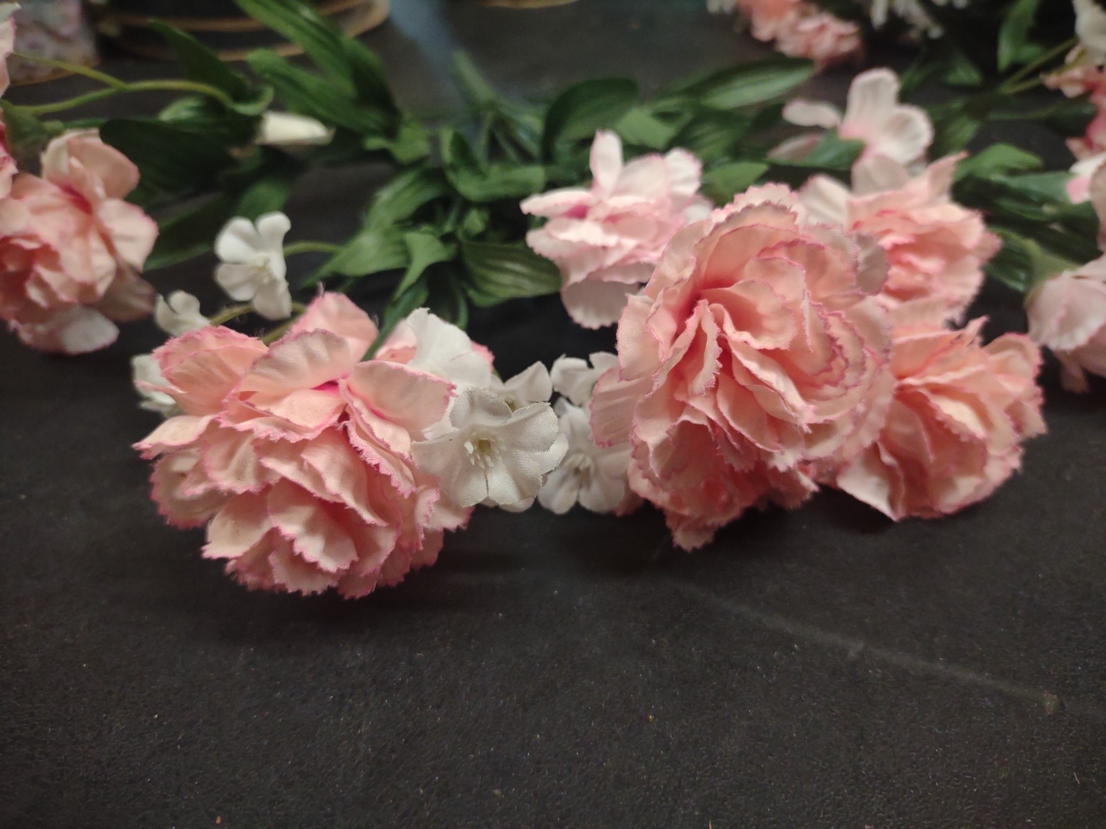Realistic Silk Miniature Carnation Bush, 11 Stems, Pink with Babies Breath 15″