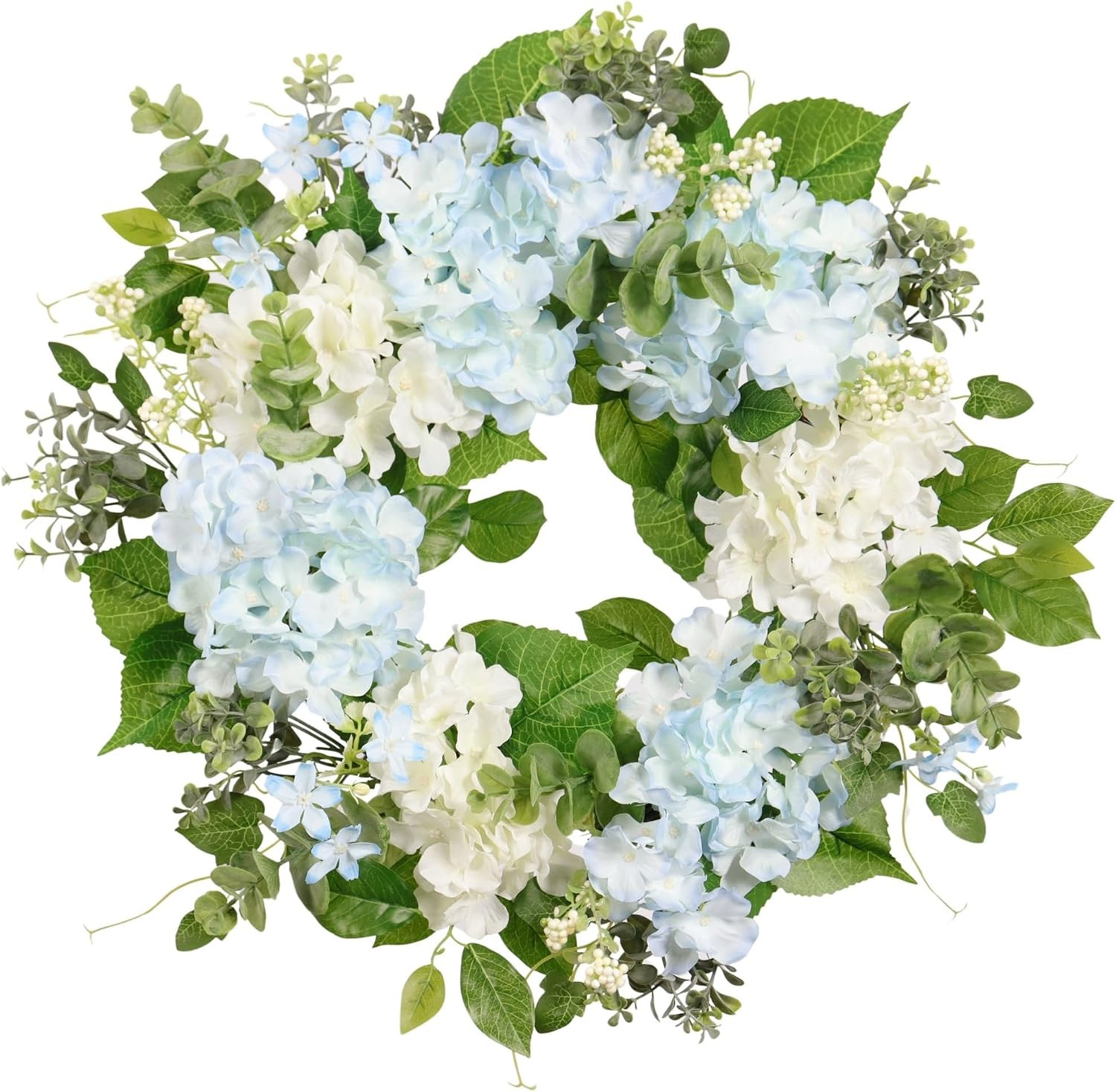 Spring Wreath Artificial Hydrangea Eucalyptus 20IN, Light Blue White Green, Spri