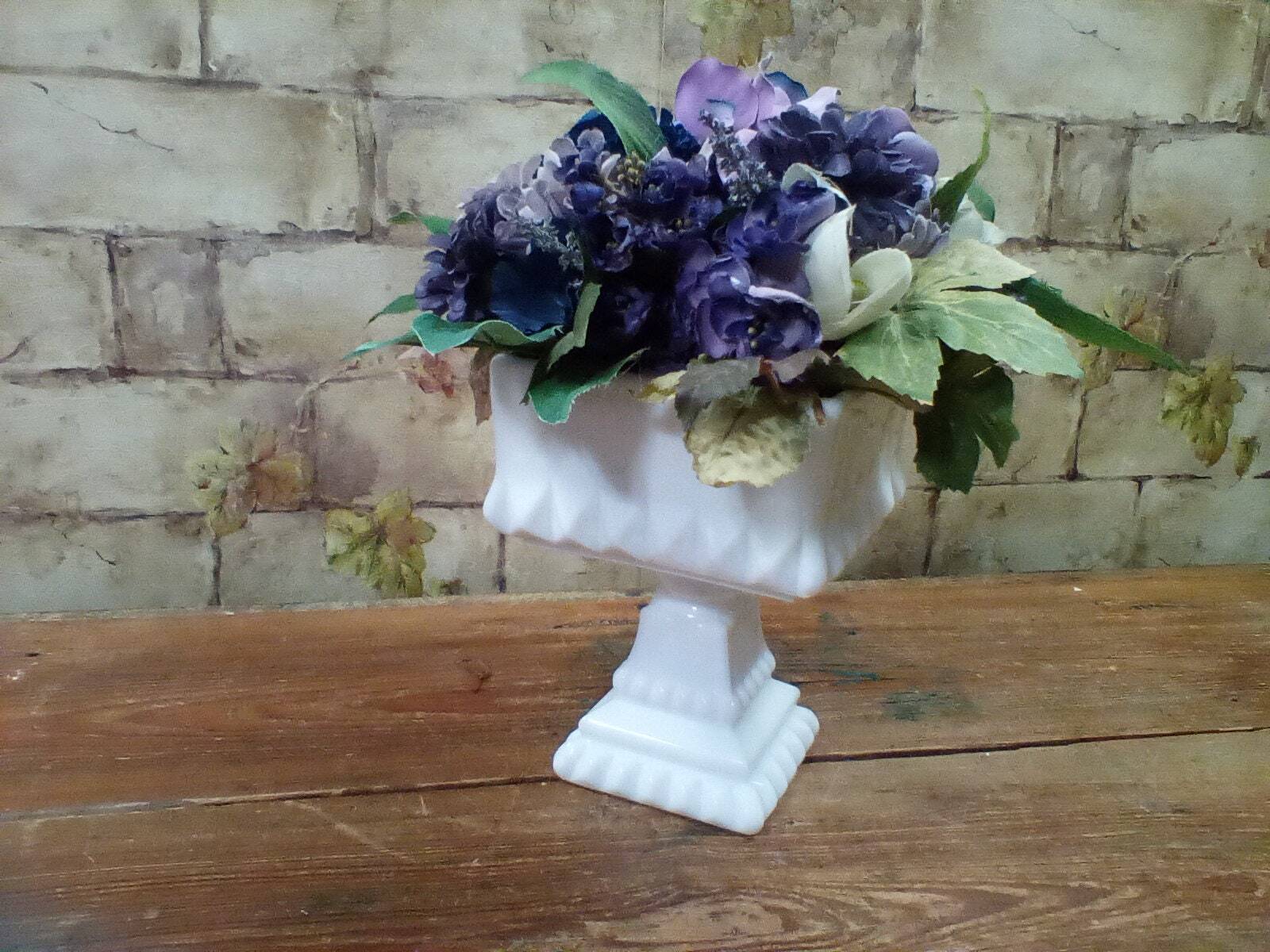Blue Flower Arrangement in Vintage Milk Glass Pedestal Bowl 12″ Tall by 10″ Wide