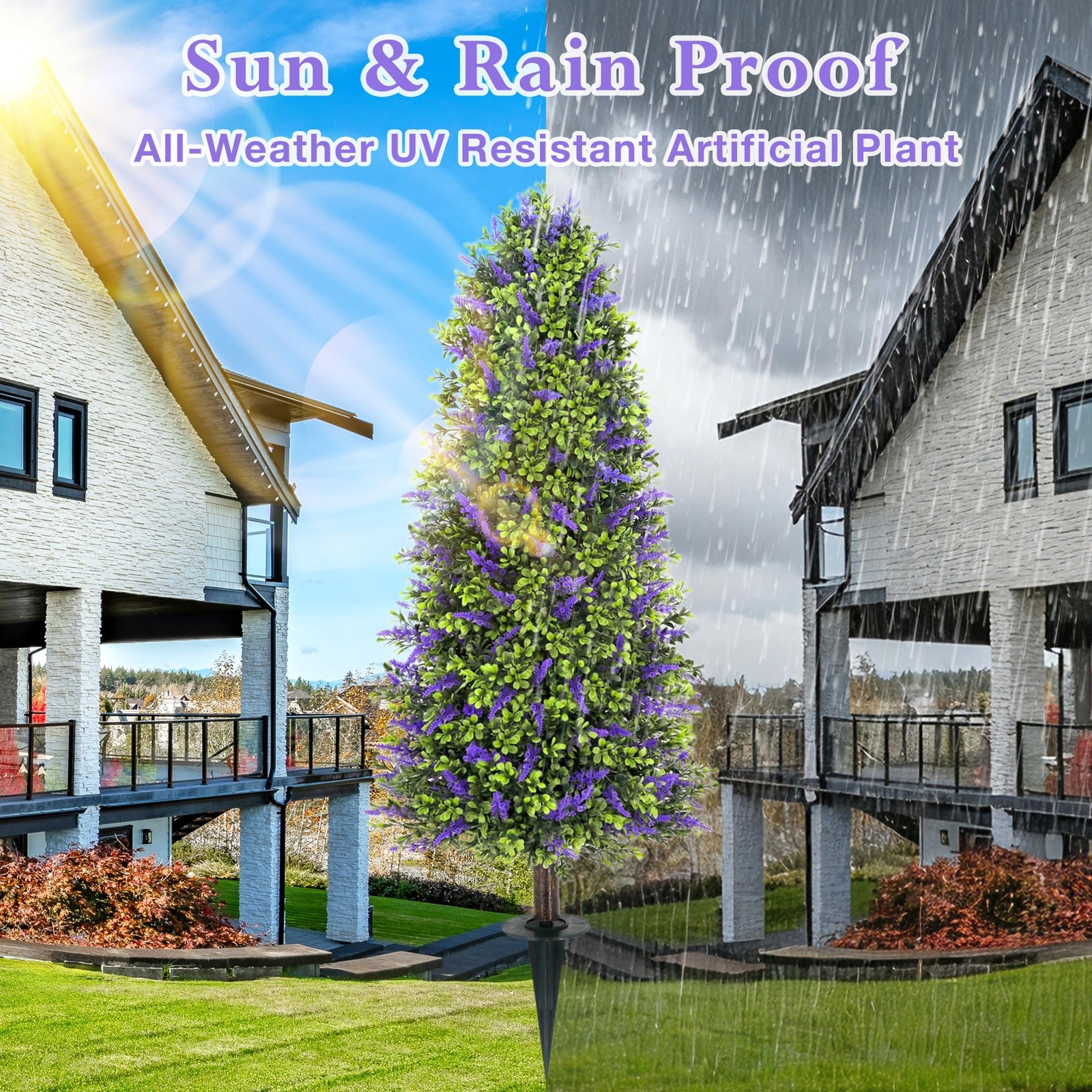 43″ Artificial Boxwood Lavender Topiary Tree with Ground Spike, Set of 2 Arti…