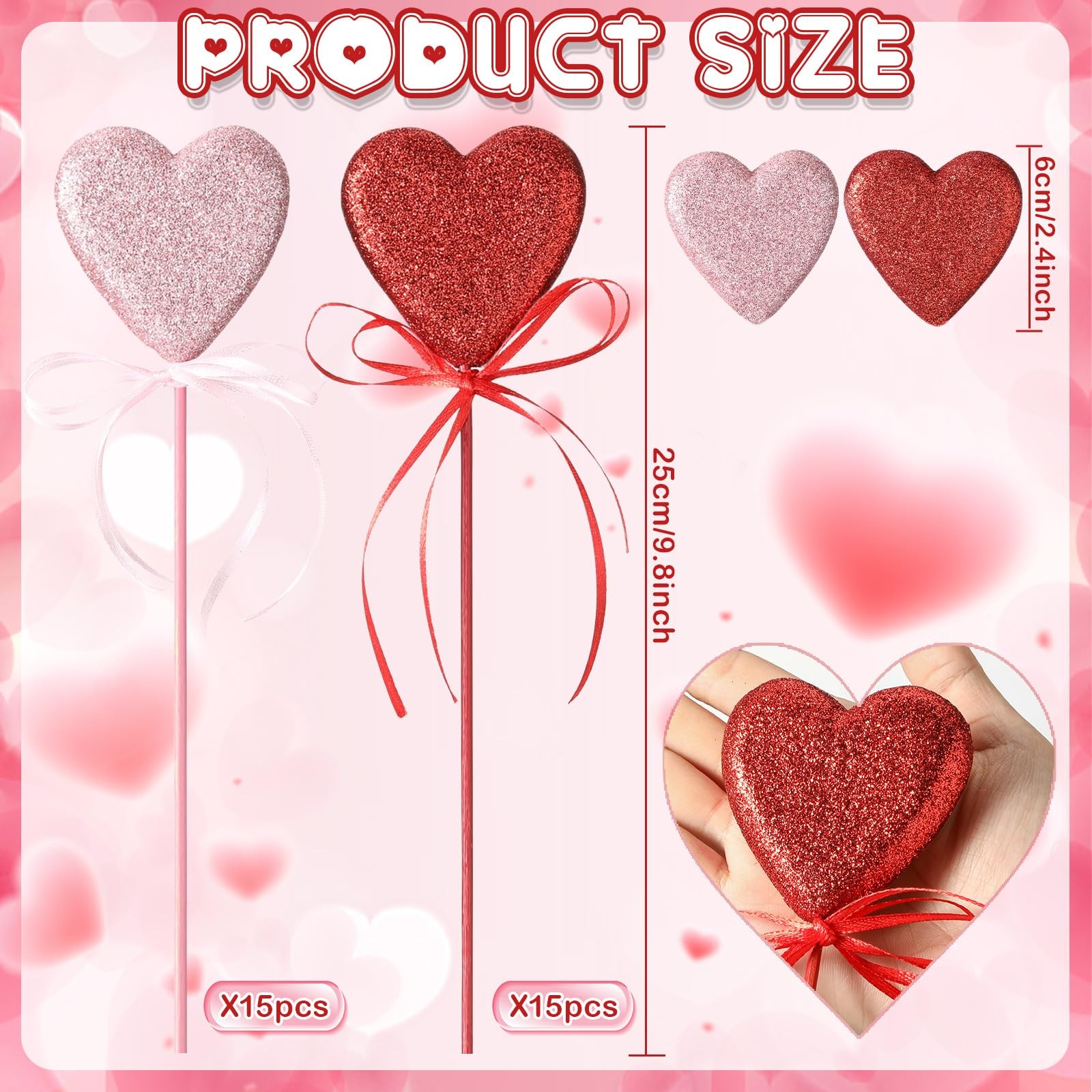 30 Pcs Valentine’s Day Glitter Foam Red & Pink Hearts Picks Puffy Heart Spark…