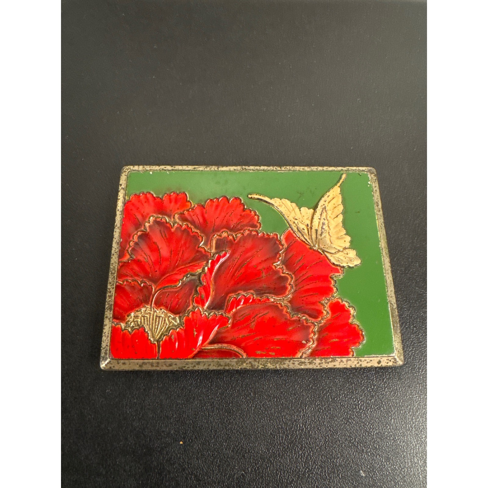 Vintage Peony Flower Butterfly Enamel Red Green Gold Tone Home Decor