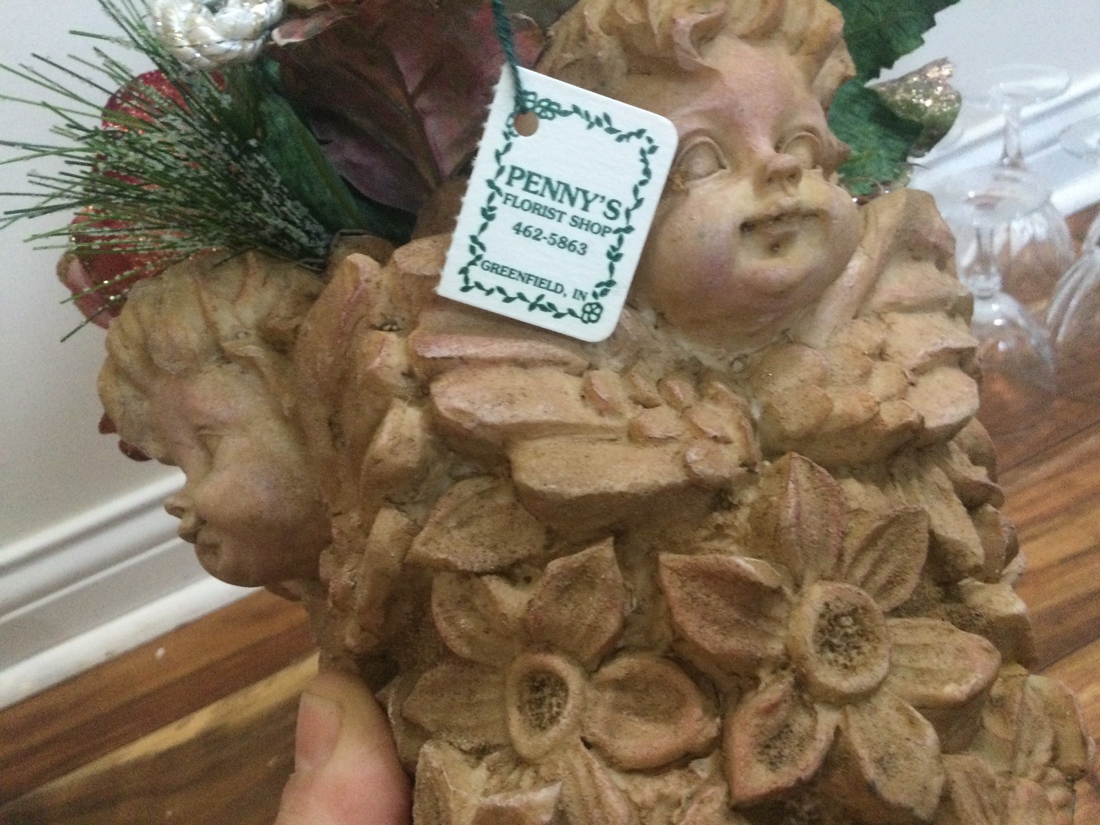 Christmas peony + Hydrangea Florist Arrangement gold dust UNIQUE resin angel POT