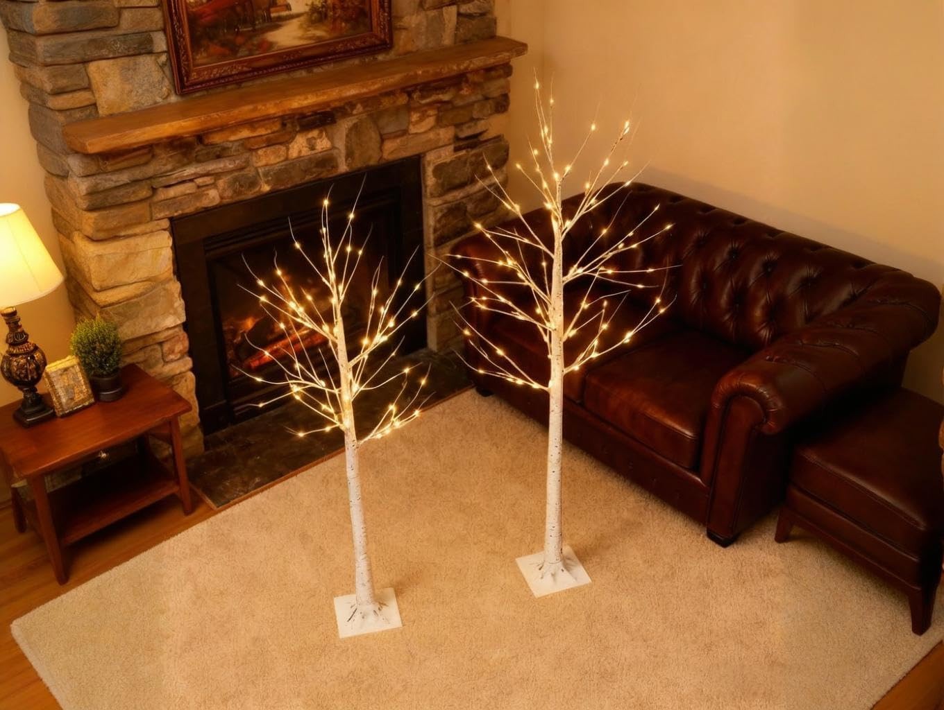 Set of 2 Lighted Birch Tree, Prelit White Christmas Tree Plug in, Light Up Ar…