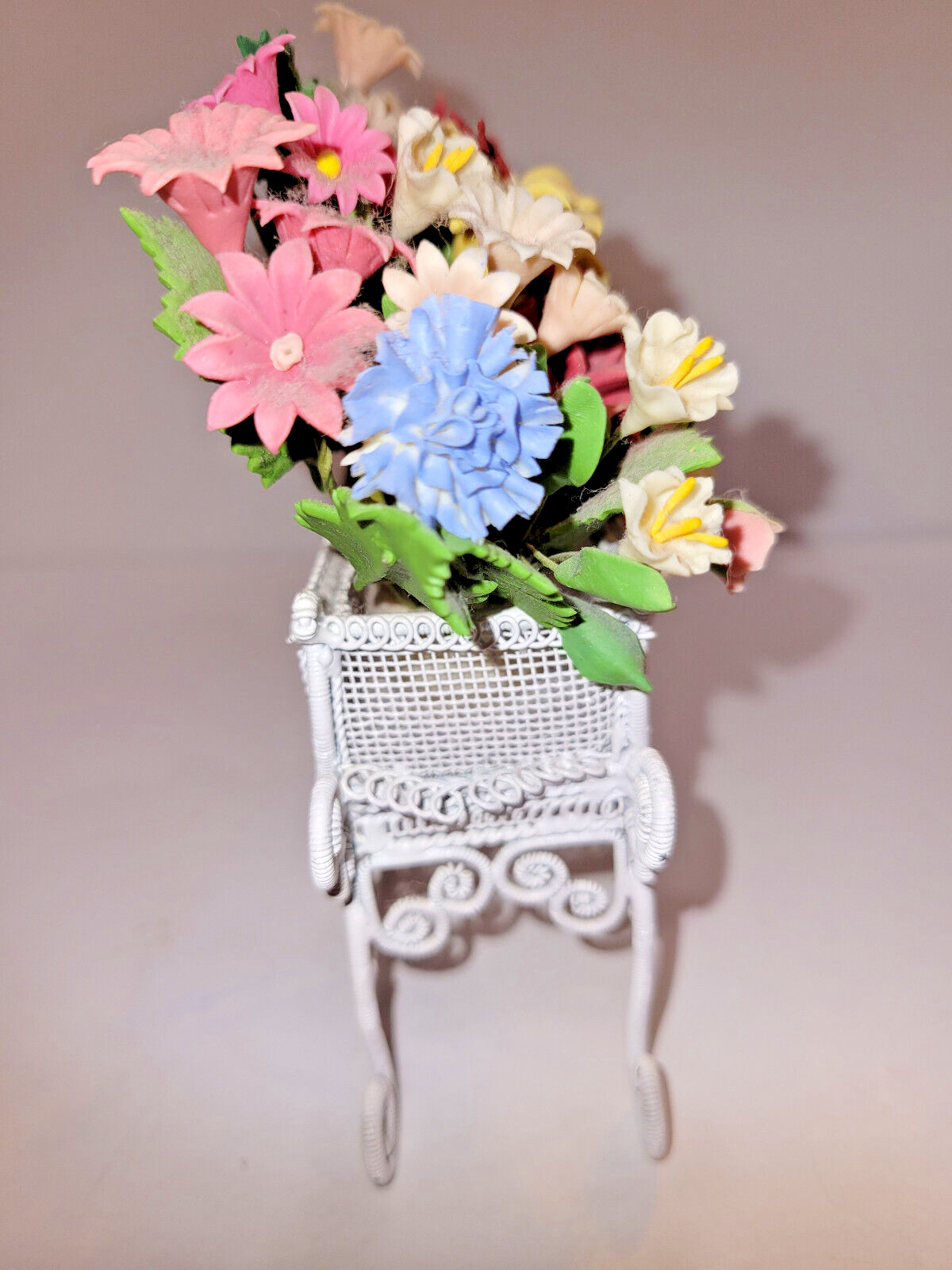 Spring Floral Artifical Arrangement in a Ornate White Metal Stand Small 5x5x1.75