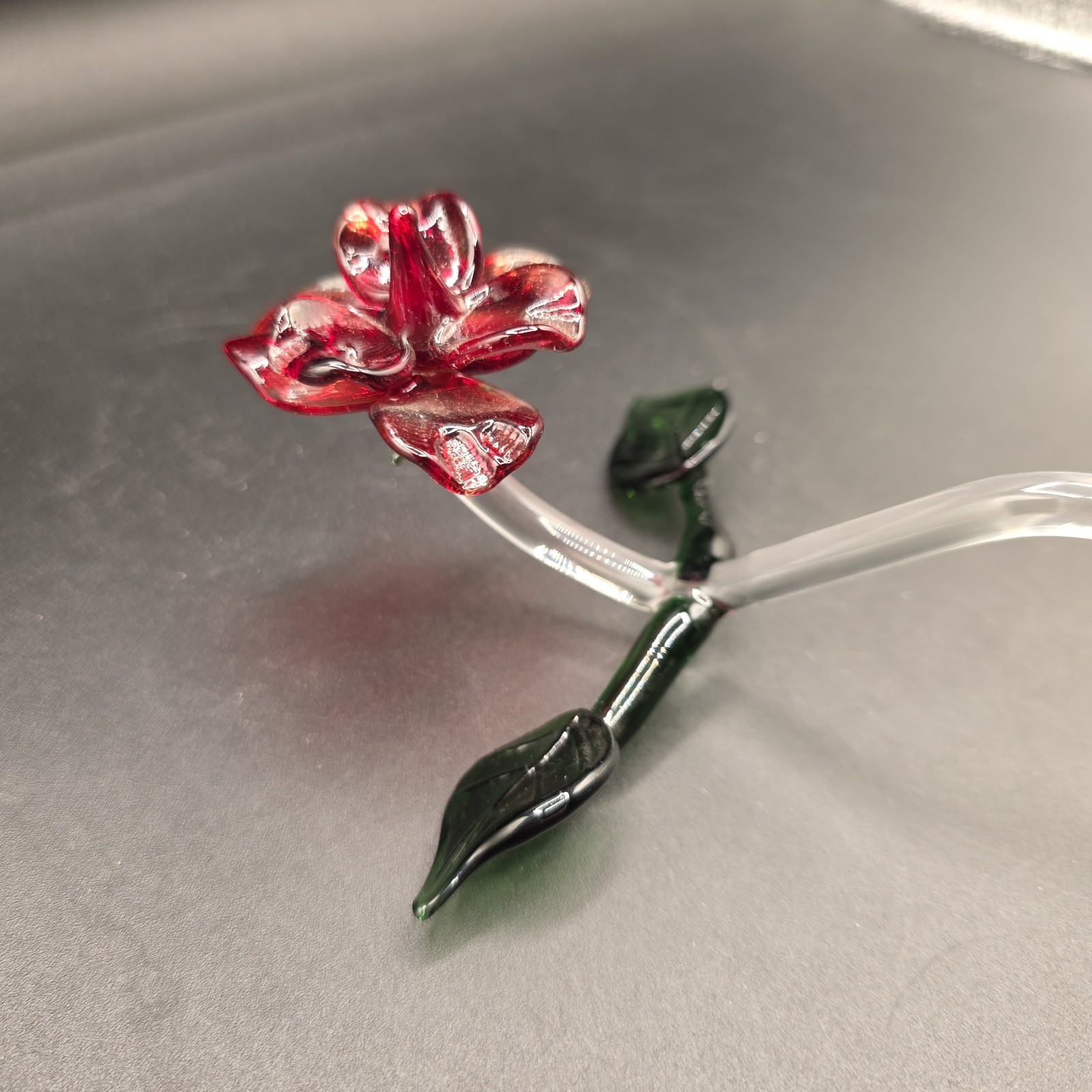 Glass Long Stem Red Rose with Green Leaves 10″ Applied Blown