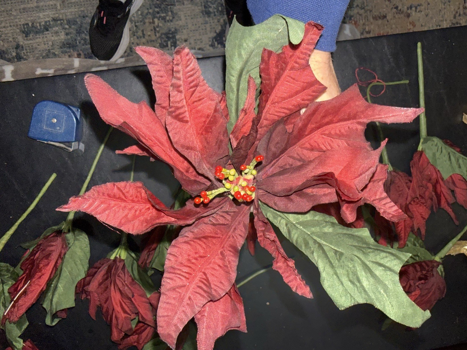 12 Red Christmas Tree Poinsettia Artificial Large Poinsettia Wired Silk Berries