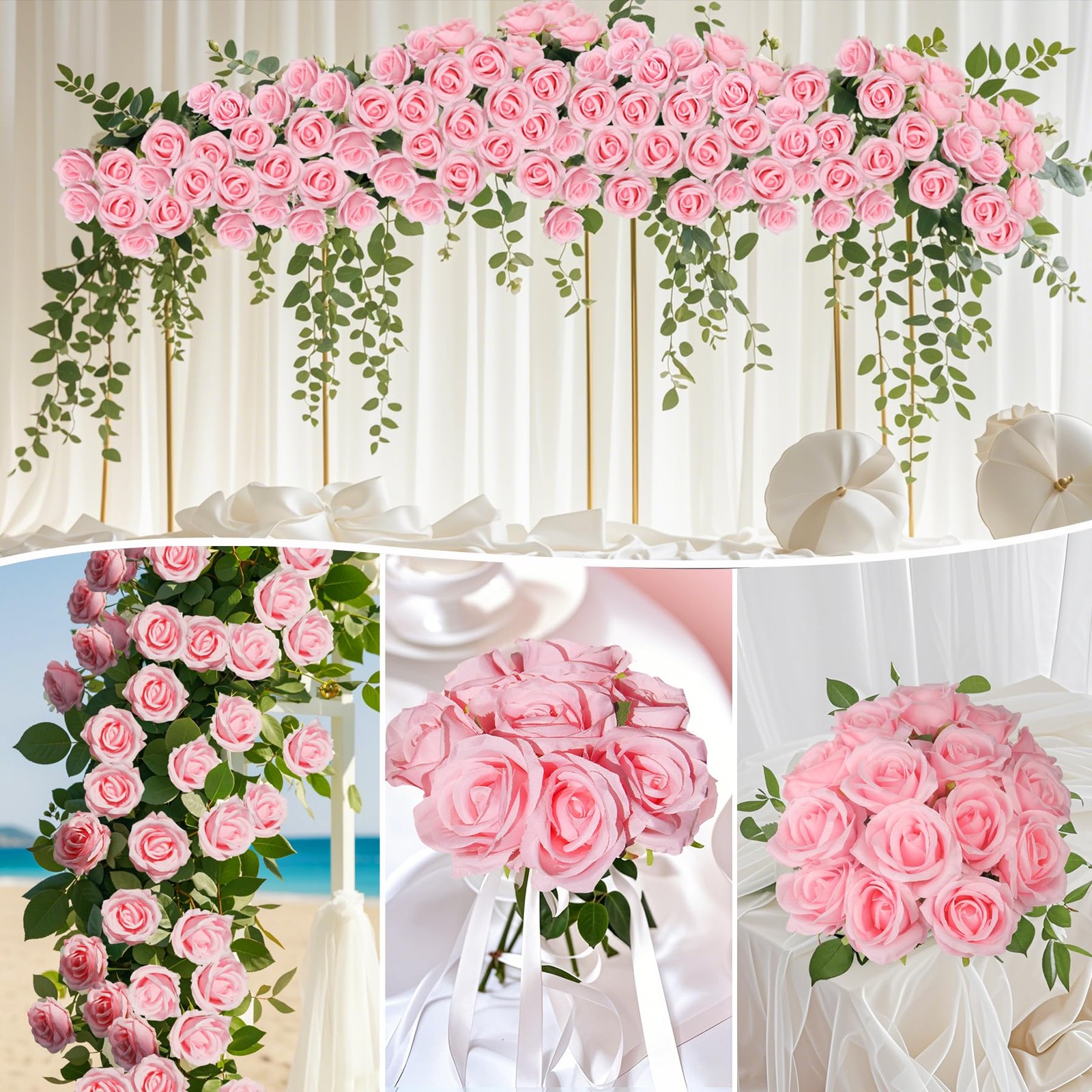 Artificial Roses Bulk Pink Silk Rose with Stem, 52pcs Fake Flowers Decoration…