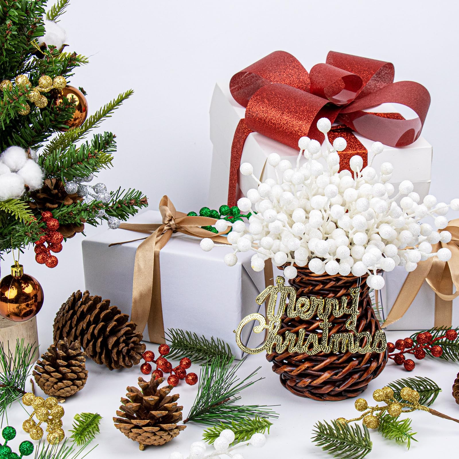32 Pack Glitter Christmas Picks 6.5 Inch Christmas Berry Stems White Artifici…