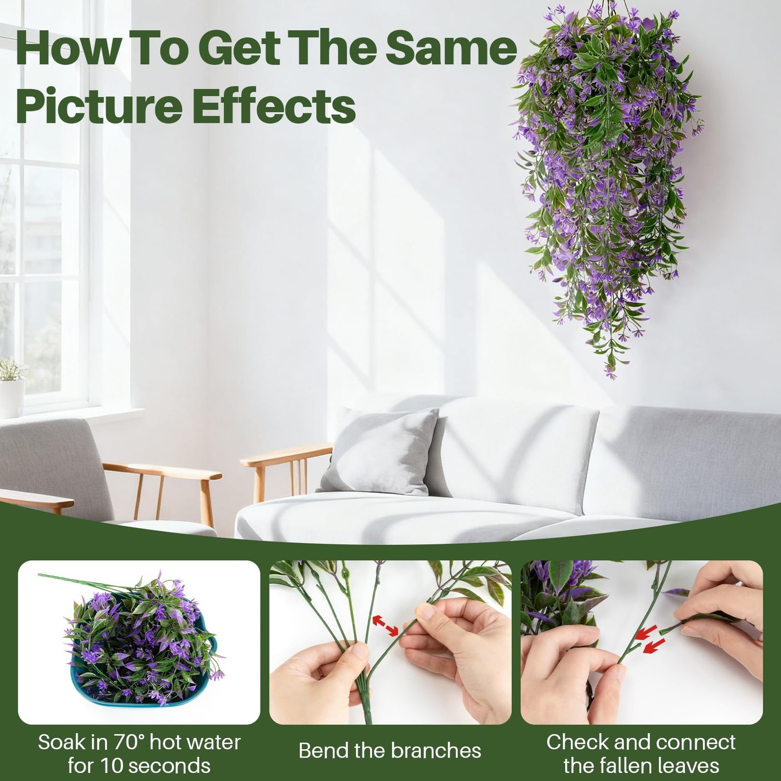 3PCS Artificial Hanging Flowers UV Resistant Ivy Vines 135 Purple Outdoors