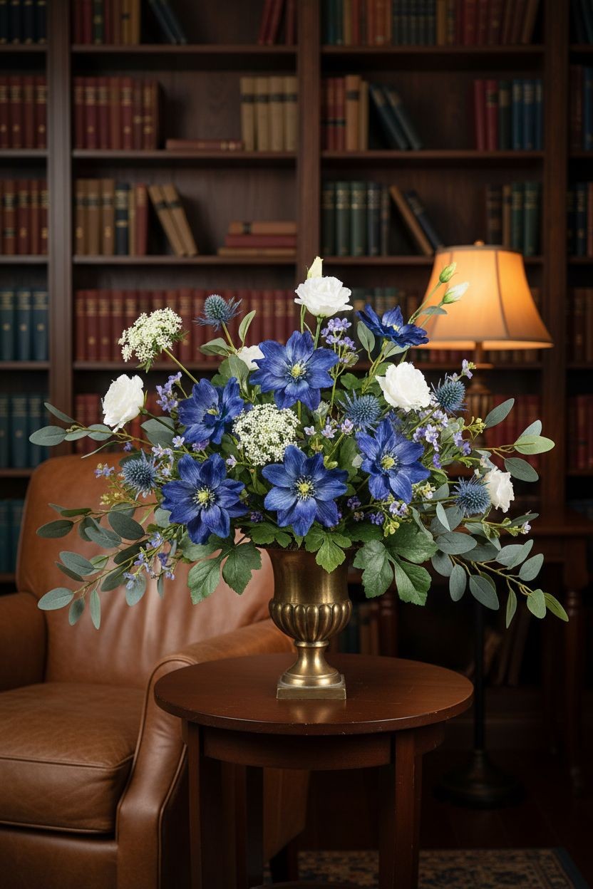 Blue Purple Real Touch Flower Stems Set of 2, 24 Inch Faux Flowers for Coastal C