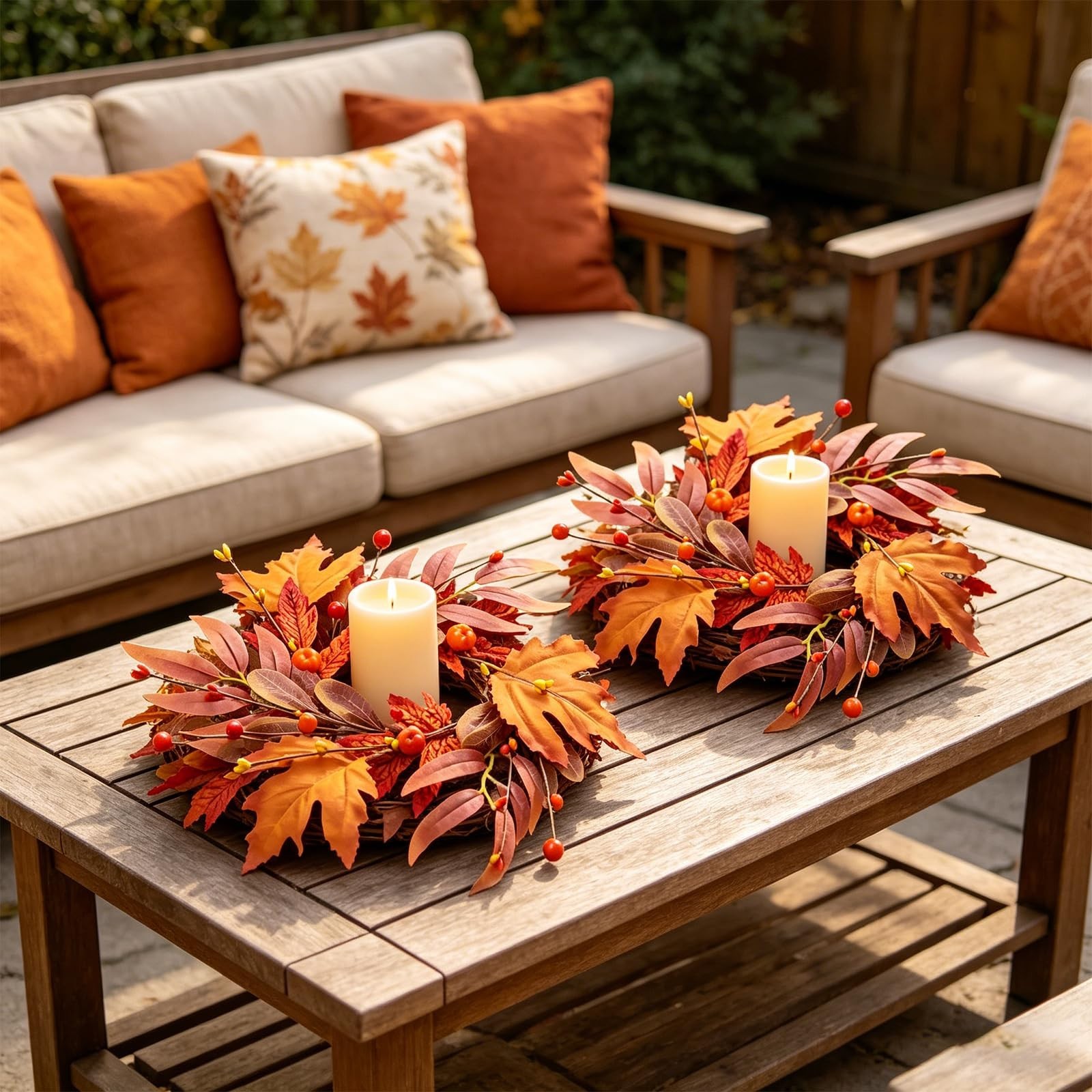 4 Pcs Mini Fall Wreaths – 9″ Maple Leaf Candle Rings, Autumn Centerpieces for Ho