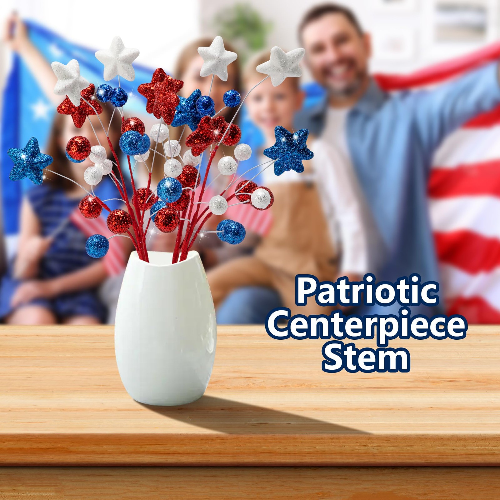 8 Pack 15″ Large Patriotic Glitter Centerpiece Stems, Independence Day Artifi…