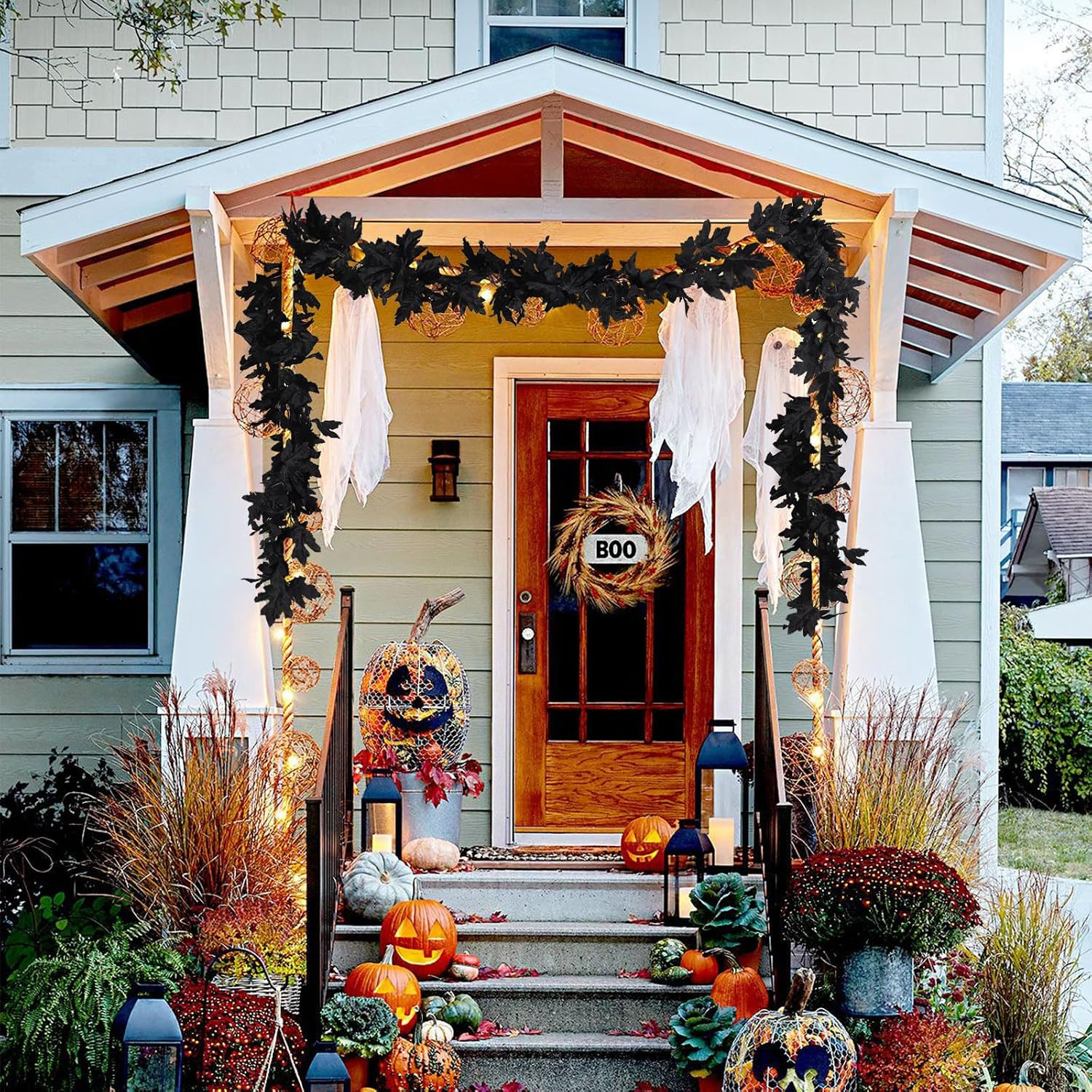 2Pcs 5.7Ft Artificial Fall Maple Leaves Vines Black Autumn Garland | Reusable Si