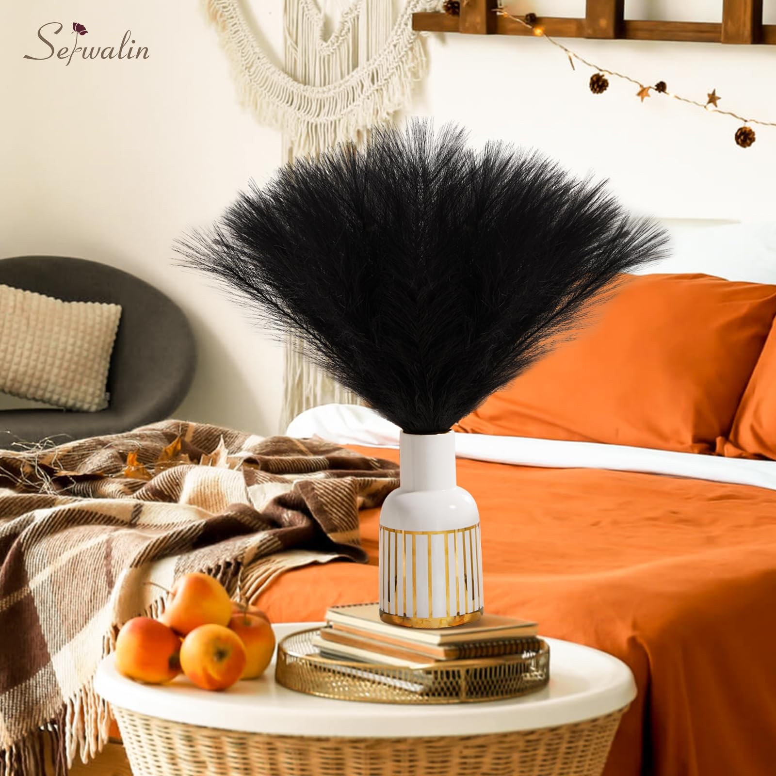 Black Pampas Grass Faux Fluffy Artificial Gothic Room Decor 17.7 Inch 60 PCS