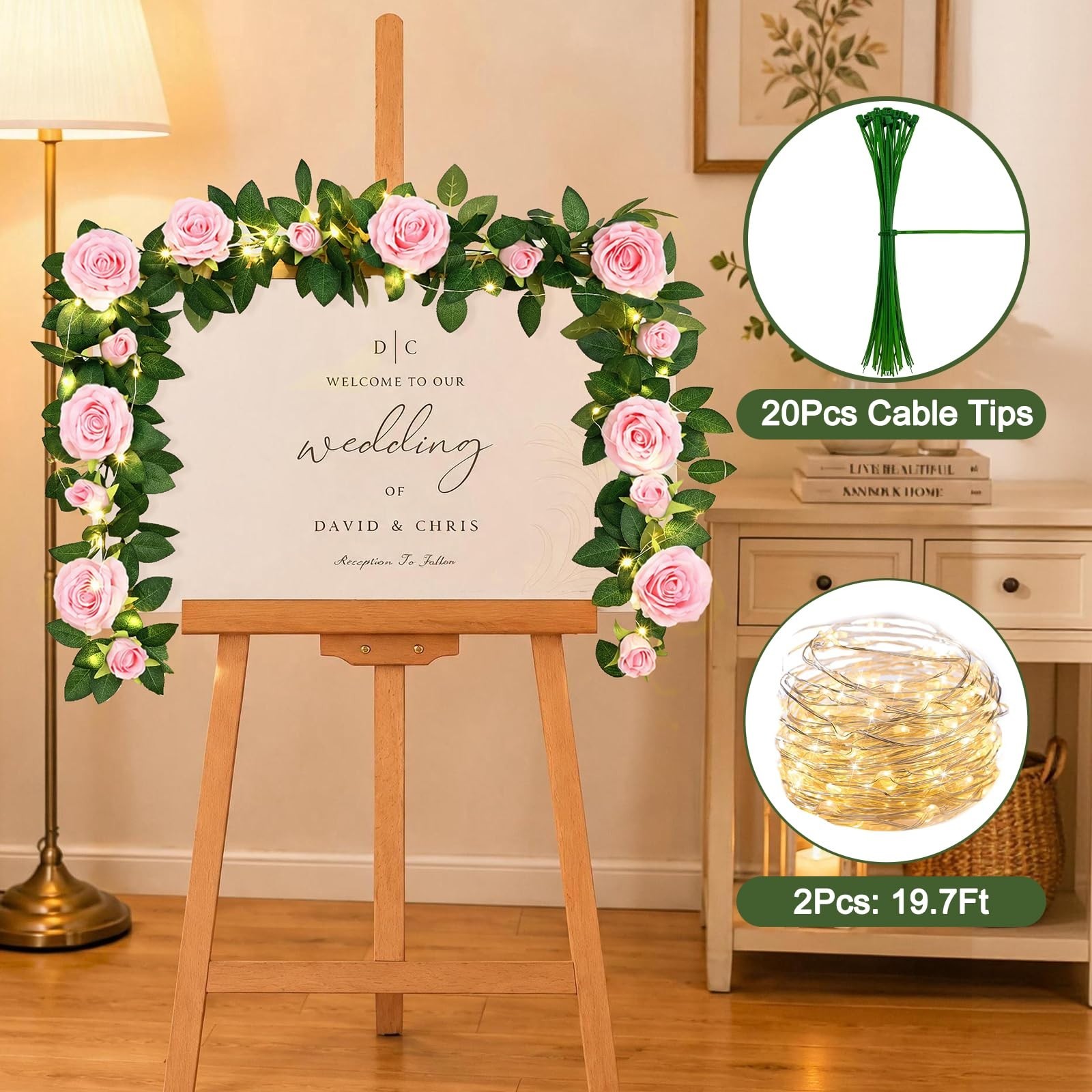 2 Pcs Floral Garland with 19.6 Ft LED Lights, Pink Silk Flowers for Wedding Deco