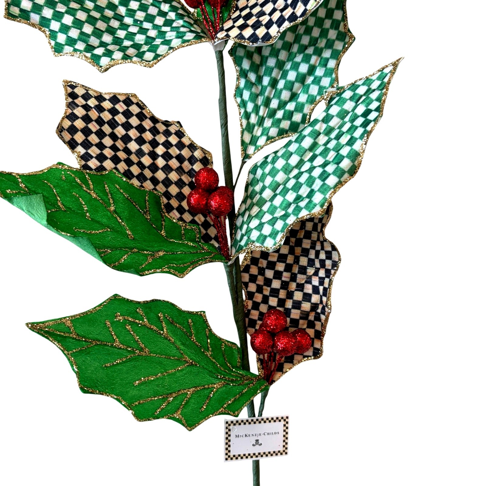 NEW Mackenzie-Childs Check It Out Holly Leaf Spray 22in Christmas Holiday Decor