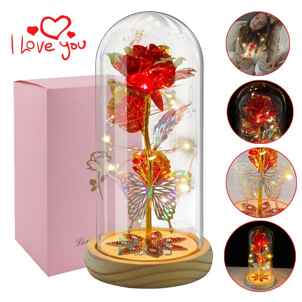 Glass Rose in Glass Dome, Light up Flower, Eternal Roses Christmas Birthday Gift