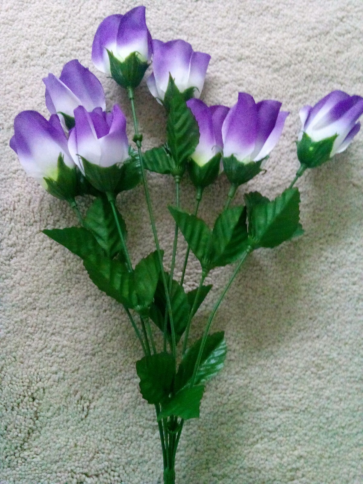 Vintage Single 16″ Artificial Green Stem & Leaves With 8 Purple And White Tulips