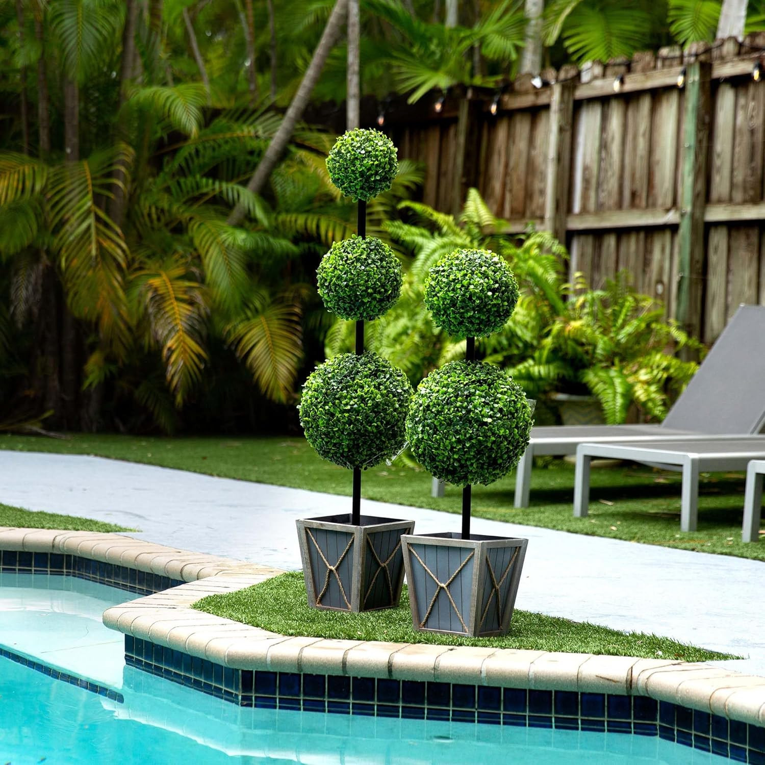 3Ft UV Resistant Double Ball Boxwood Topiary with LED Lights in Planter