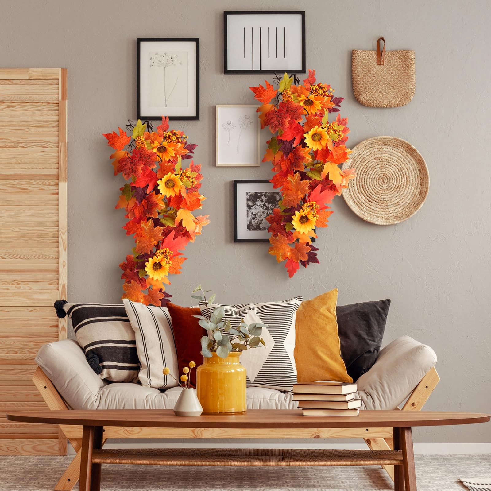 2Pcs Fall Hanging Maple Leaves Plants Fall Wall Decor Hanging Plants Artifici…