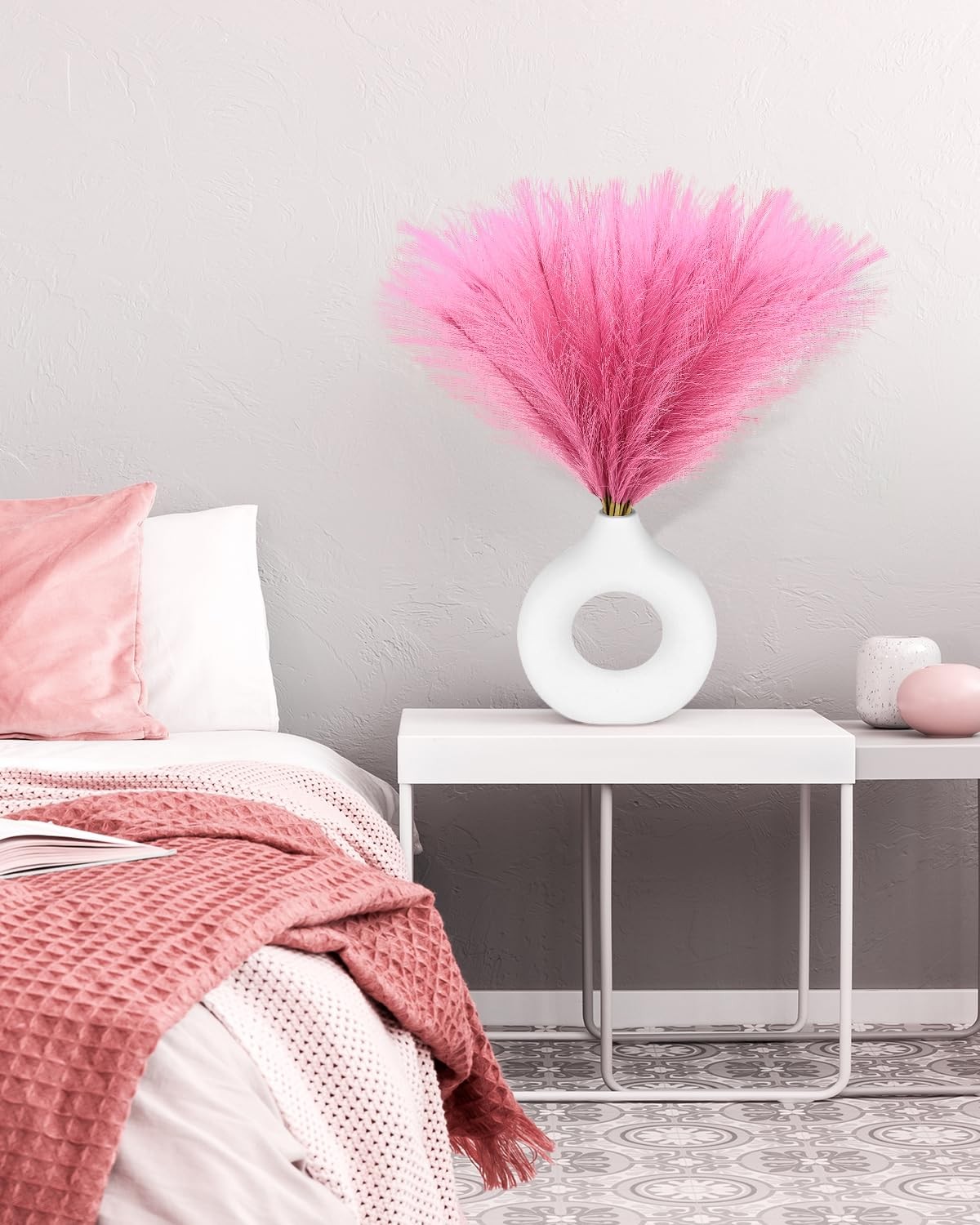 60pcs Faux Pampas Grass Decor, 17.7inch Hot Pink Short Artificial Pompous Gra…